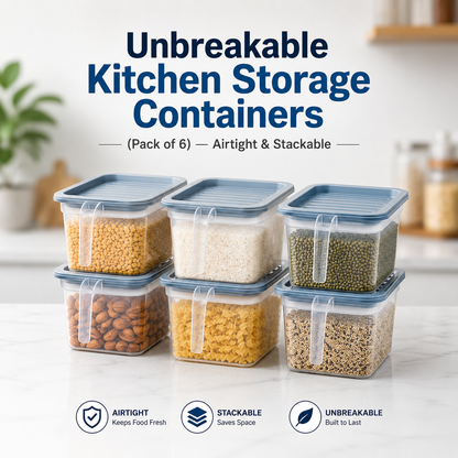 Unbreakable Kitchen Storage Containers (Pack of 6) — Airtight & Stackable